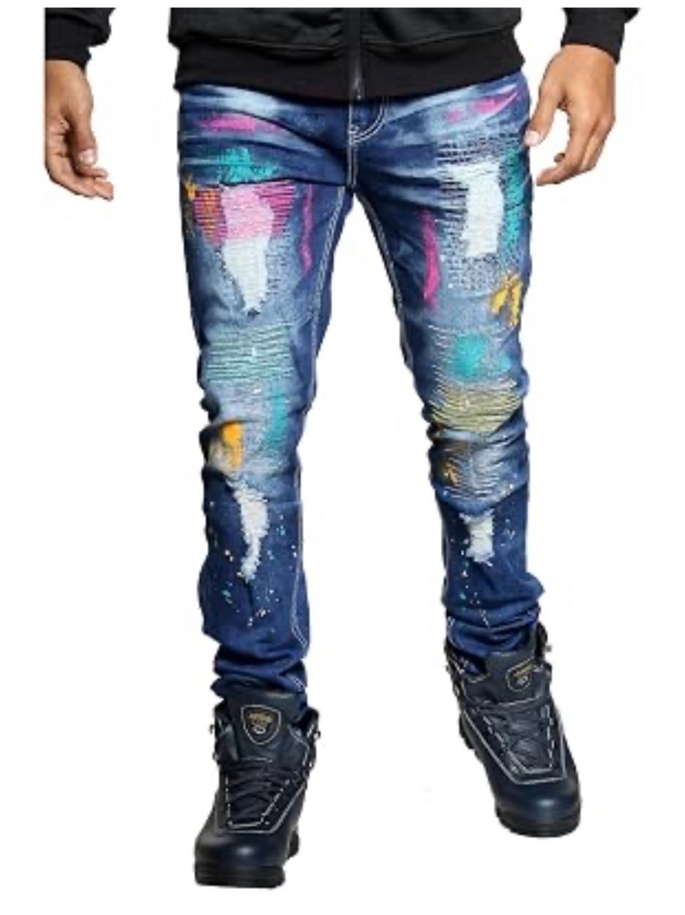 Men's Multi-Color Paint-Splash Skinny Jeans - Blue Denim